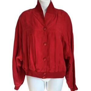 Vintage 80s Cherry Red Button Up Blouse Top Shawl Collar Oversize Size S